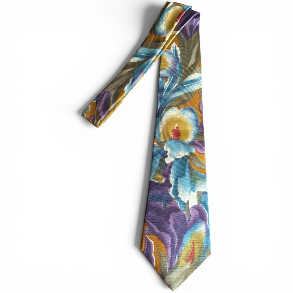 Vintage Bugatti Men’s 100% Italian Silk Tie Floral Iris Abstract Teal Purple Y2K